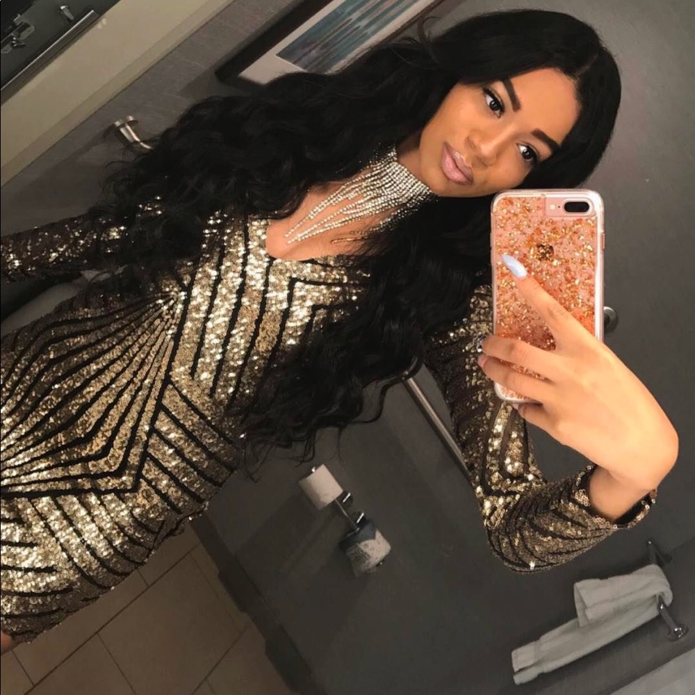 Gold shimmer long sleeve bodycon mini dress ✨